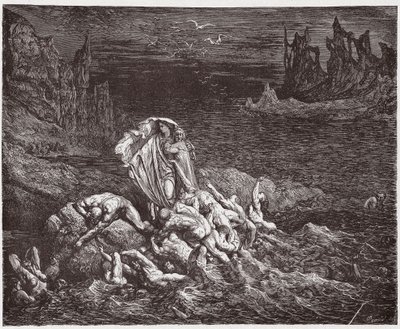 Jumalallinen komedia (La Divina Commedia, La Divine Comedie), Inferno, Canto 7: Vergilius näyttää Dantelle vihaisten sielut Styxissä - Dante Alighieri (1265-1321) - Kuvitus Gustave Doren (1832-1883) tekijältä Gustave Dore
