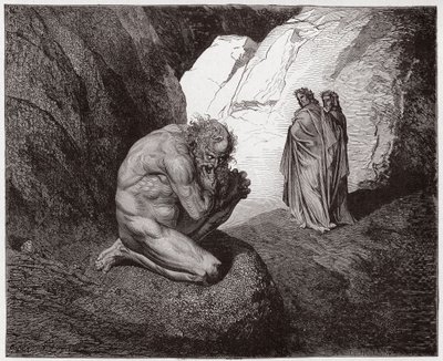 Jumalallinen komedia (La Divina Commedia, La Divine Comedie), Inferno, Canto 7: Vergilius nuhtelee Plutusta neljännen ympyrän sisäänkäynnissä - Dante Alighieri (1265-1321) - Kuvitus Gustave Doresta (1832-1883) tekijältä Gustave Dore