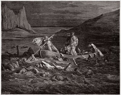 Jumalallinen komedia (La Divina Commedia, La Divine Comedie), Inferno, Canto 8: Phlegyasin lautat Dante ja Virgil Styxin poikki - Dante Alighieri (1265-1321) - Kuvitus Gustave Dore (1832-1883) tekijältä Gustave Dore