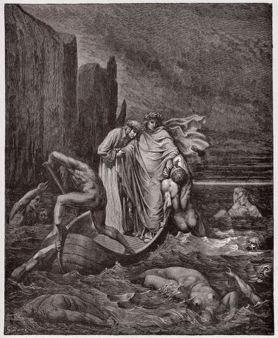 Jumalallinen komedia (La Divina Commedia, La Divine Comedie), Inferno, Canto 8: Firenzeläisen Philippo Argentin sielu puhuu runoilijoita Styxillä - Dante Alighieri (1265-1321) - Gustave Doren (1832-1883) kuvitus tekijältä Gustave Dore