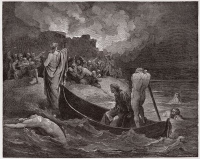 Jumalallinen komedia (La Divina Commedia, La Divine Comedie), Inferno, Canto 8: Vergilius ja Dante poistuvat Disin linnoituksesta - Dante Alighieri (1265-1321) - Kuvitus Gustave Doresta (1832-1883) tekijältä Gustave Dore
