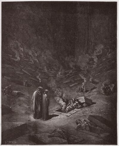 Jumalallinen komedia (La Divina Commedia, La Divine Comedie), Inferno, Canto 9: Harhaoppineiden palavat haudat - Dante Alighieri (1265-1321) - Kuvitus Gustave Dore (1832-1883) tekijältä Gustave Dore