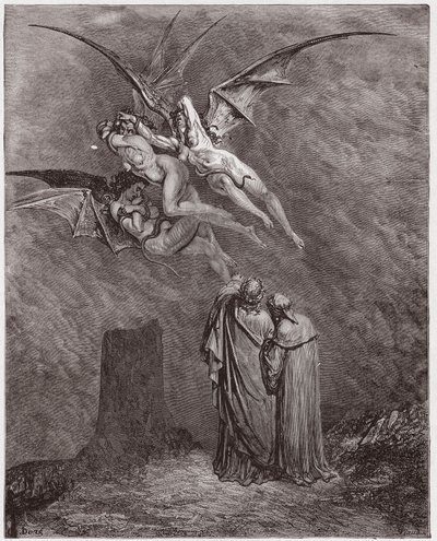 Jumalallinen komedia (La Divina Commedia, La Divine Comedie), Inferno, Canto 9: Inhottava Eronyes: Megaera, Tisphone, Alecto - Dante Alighieri (1265-1321) - Kuvitus Gustave Dore (1832-1883) tekijältä Gustave Dore