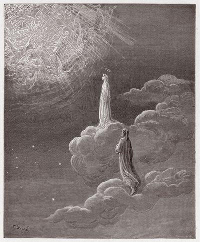 Jumalallinen komedia (La Divina Commedia, La Divine Comedie), Paradiso, Canto 14: Dante ja Beatrice käännettynä Marsin sfääriin - Dante Alighieri (1265-1321) - Gustave Doren (1832-1883) kuvitus tekijältä Gustave Dore