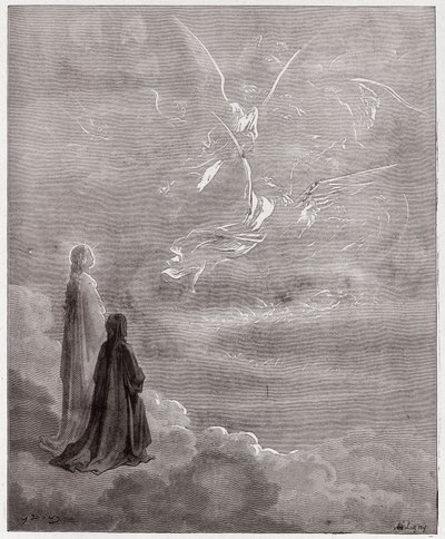Jumalallinen komedia (La Divina Commedia, La Divine Comedie), Paradiso, Canto 18: Dante ja Beatrice käännettynä Jupiterin sfääriin - Dante Alighieri (1265-1321) - Kuvitus Gustave Dore (1832-1883) tekijältä Gustave Dore