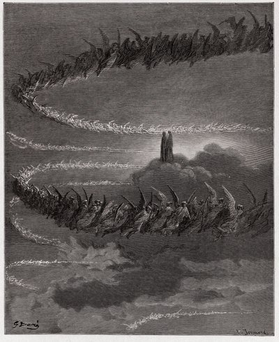 Jumalallinen komedia (La Divina Commedia, La Divine Comedie), Paradiso, Canto 18: Jupiterin alueella siunatut sielut kiertävät muodostaen kirjeitä - Dante Alighieri (1265-1321) - Kuvitus Gustave Doresta (1832-1883) tekijältä Gustave Dore