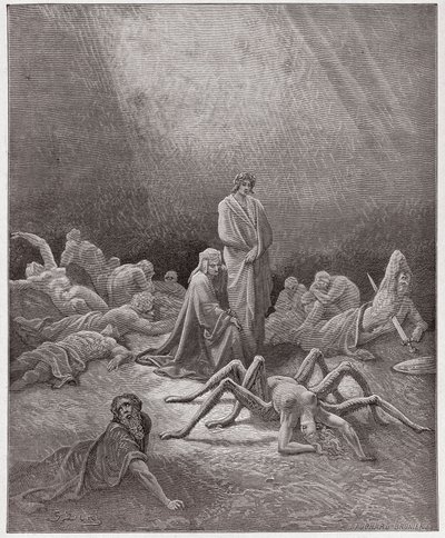 Jumalallinen komedia (La Divina Commedia, La Divine Comedie), Purgatorio, Canto 12: Dante näkee Arachnen sielun - kirjoittanut Dante Alighieri (1265-1321) - kuvitus Gustave Doresta (1832-1883) tekijältä Gustave Dore