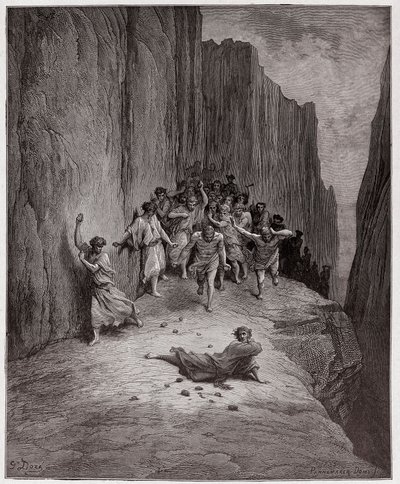 Jumalallinen komedia (La Divina Commedia, La Divine Comedie), Purgatorio, Canto 15: Danten visio Stephenin kivittämisestä - Dante Alighieri (1265-1321) - Gustave Doren (1832-1883) kuvitus tekijältä Gustave Dore