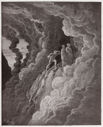 Jumalallinen komedia (La Divina Commedia, La Divine Comedie), Purgatorio, Canto 16: Marco Lombardo seuraa runoilijoita savun läpi - Dante Alighieri (1265-1321) - Gustave Doren (1832-1883) kuvitus tekijältä Gustave Dore