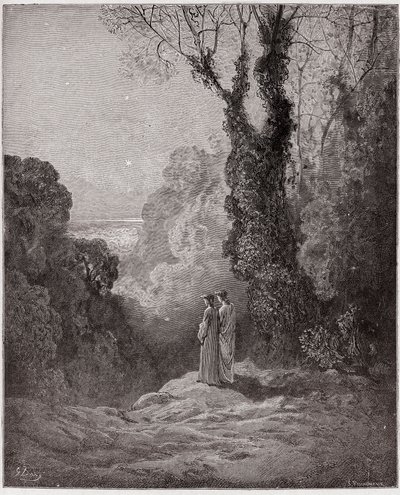 Jumalallinen komedia (La Divina Commedia, La Divine Comedie), Purgatorio, Canto 1: Runoilijat näkevät Venuksen kauneuden aamutaivaalla - Dante Alighieri (1265-1321) - Kuvitus Gustave Dore (1832-1883) tekijältä Gustave Dore