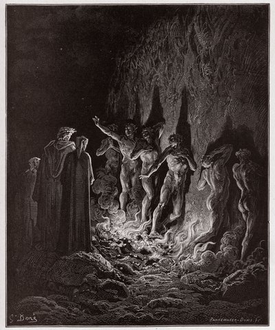 Jumalallinen komedia (La Divina Commedia, La Divine Comedie), Purgatorio, Canto 25: Himokas kulku tulen läpi seitsemännessä ympyrässä - Dante Alighieri (1265-1321) - Gustave Doren (1832-1883) kuvitus tekijältä Gustave Dore
