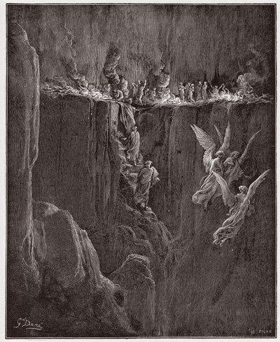 Jumalallinen komedia (La Divina Commedia, La Divine Comedie), Purgatorio, Canto 25: Vergilius ja Dante nousevat seitsemännelle kehälle liekkien läpi - Dante Alighieri (1265-1321) - Kuvitus Gustave Doren (1832-1883) tekijältä Gustave Dore