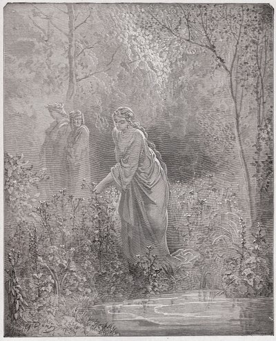 Jumalallinen komedia (La Divina Commedia, La Divine Comedie), Purgatorio, Canto 27: Dantin unelma Leahista niityllä - Dante Alighieri (1265-1321) - Kuvitus Gustave Dore (1832-1883) tekijältä Gustave Dore