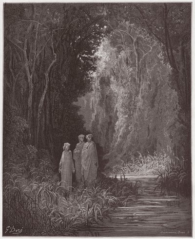 Jumalallinen komedia (La Divina Commedia, La Divine Comedie), Purgatorio, Canto 28: Dante, Vergilius ja Statius maanpäällisen paratiisin muinaisessa metsässä - Dante Alighieri (1265-1321) - Kuvitus Gustave Dore (1832-1883) ) tekijältä Gustave Dore