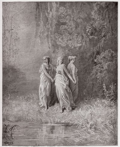 Jumalallinen komedia (La Divina Commedia, La Divine Comedie), Purgatorio, Canto 29: Charity, Hope ja Faith - Dante Alighieri (1265-1321) - Kuvitus Gustave Dore (1832-1883) tekijältä Gustave Dore