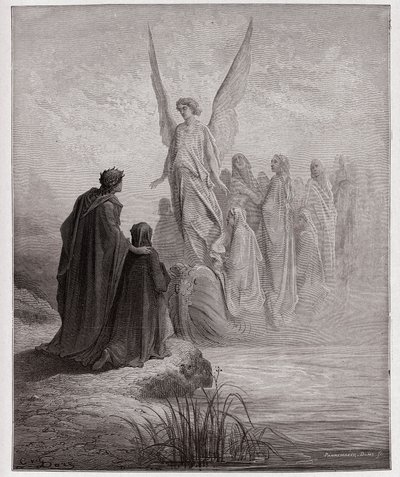 Jumalallinen komedia (La Divina Commedia, La Divine Comedie), Purgatorio, Canto 2: Taivaallinen luotsi laskeutuu veneeseen - Dante Alighieri (1265-1321) - Kuvitus Gustave Dore (1832-1883) tekijältä Gustave Dore