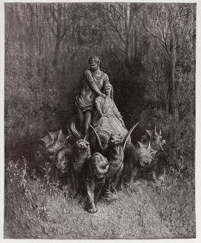 Jumalallinen komedia (La Divina Commedia, La Divine Comedie), Purgatorio, Canto 32: Jättiläinen ja portto vaunuissa - Dante Alighieri (1265-1321) - Kuvitus Gustave Dore (1832-1883) tekijältä Gustave Dore