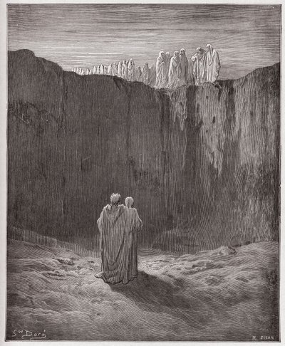 Jumalallinen komedia (La Divina Commedia, La Divine Comedie), Purgatorio, Canto 3: Sielujen seura kalliolla - Dante Alighieri (1265-1321) - Kuvitus Gustave Dore (1832-1883) tekijältä Gustave Dore