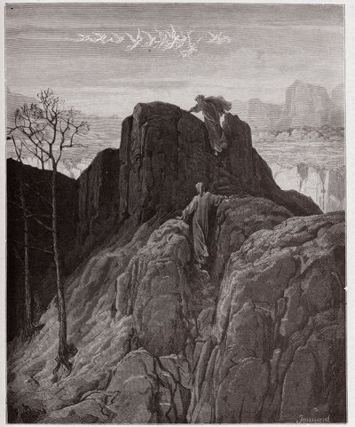 Jumalallinen komedia (La Divina Commedia, La Divine Comedie), Purgatorio, Canto 4: Vergilius johdattaa Danten ylös karua vuorenrinnettä - kirjoittanut Dante Alighieri (1265-1321) - kuvitus Gustave Dore (1832-1883) tekijältä Gustave Dore