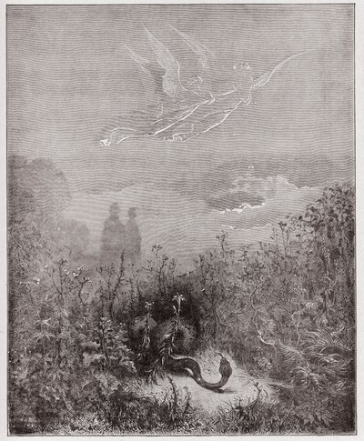 Jumalallinen komedia (La Divina Commedia, La Divine Comedie), Purgatorio, Canto 8: Enkelit ajavat käärmeen pois - Dante Alighieri (1265-1321) - Kuvitus Gustave Dore (1832-1883) tekijältä Gustave Dore