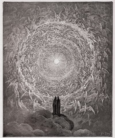 The Divine Comedy, Paradiso, Canto 31: Pyhien väkijoukko muodostaa ruusun empyreanissa (rose celeste) - kirjoittanut Dante Alighieri (1265-1321) tekijältä Gustave Dore