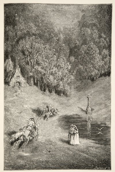 Arthurin ja Pellinoren kohtaaminen, Charles Henry Hansonin teoksesta Tarinoita kuningas Arthurin päivistä, julkaistu 1898. tekijältä Gustave Dore