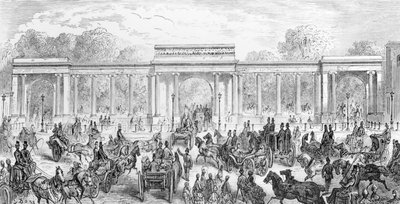 Sisäänkäynti Hyde Parkiin, "Lontoo, pyhiinvaellus", kirjoittanut William Blanchard Jerrolds, kaivertanut A. Doms, 1872 tekijältä Gustave Dore