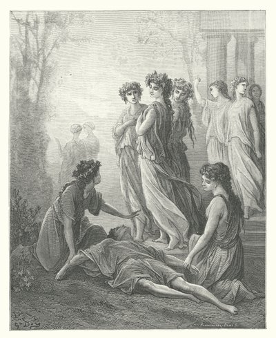 La Fontainen sadut: Daphnis ja Alcimadura (kaiverrus). tekijältä Gustave Dore