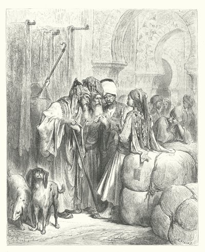 La Fontainen sadut: Bashaw ja kauppias (kaiverrus). tekijältä Gustave Dore