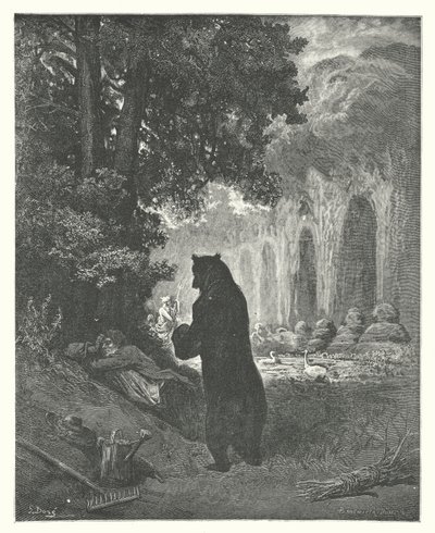 La Fontainen sadut: Karhu ja puutarhanhoidon harrastaja (kaiverrus). tekijältä Gustave Dore