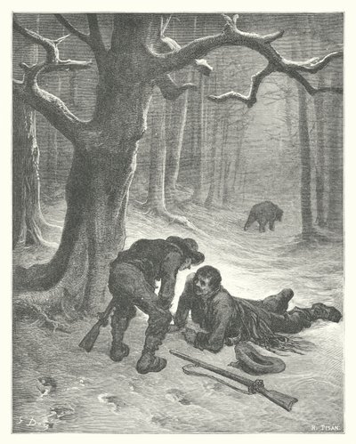 La Fontainen sadut: Fontaine: Karhu ja kaksi ystävää (kaiverrus). tekijältä Gustave Dore