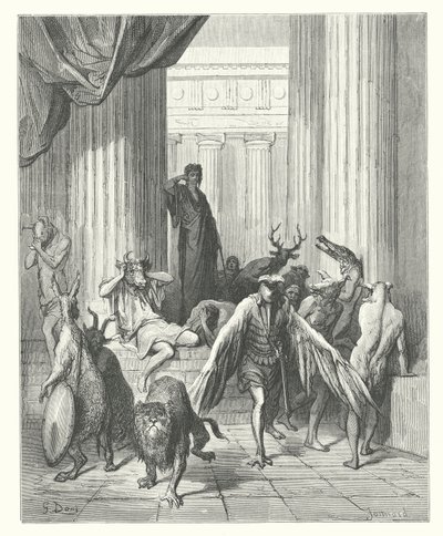 La Fontainen sadut: Odysseuksen seuralaiset (kaiverrus). tekijältä Gustave Dore
