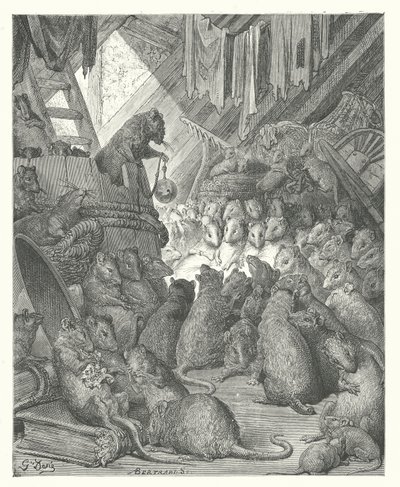 La Fontainen sadut: Rottien pitämä neuvosto (kaiverrus). tekijältä Gustave Dore