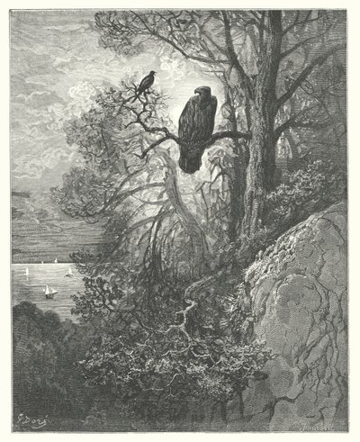La Fontainen sadut: Fontaine: Kotka ja harakka (kaiverrus). tekijältä Gustave Dore