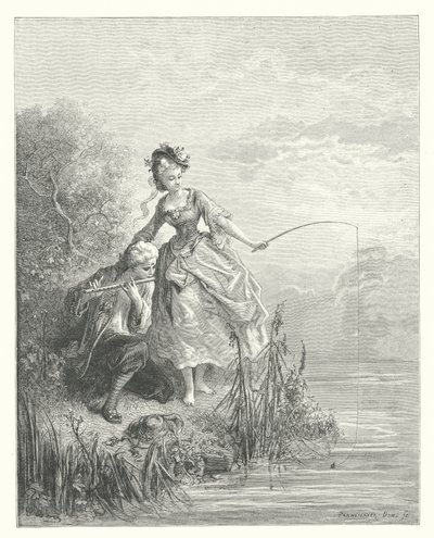 La Fontainen sadut: Fontaine: Kala ja paimen, joka soitti klarinetilla (kaiverrus). tekijältä Gustave Dore
