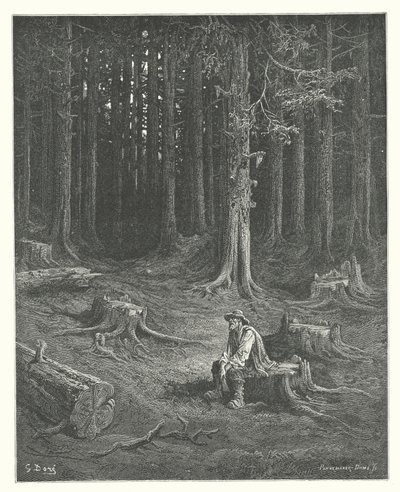 La Fontainen sadut: Fontaine: Metsä ja metsämies (kaiverrus). tekijältä Gustave Dore