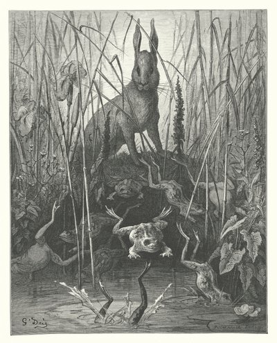 La Fontainen sadut: Fontaine: Jänis ja sammakot (kaiverrus). tekijältä Gustave Dore