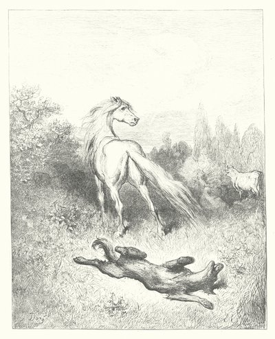 La Fontainen sadut: Fontaine: Hevonen ja susi (kaiverrus). tekijältä Gustave Dore