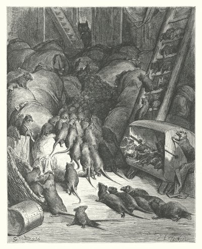 La Fontainen sadut: Fontaine: Rottien liitto (kaiverrus). tekijältä Gustave Dore