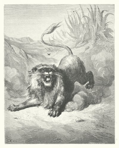 La Fontainen sadut: Fontaine: Leijona ja hiirulainen (kaiverrus). tekijältä Gustave Dore