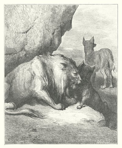 La Fontainen sadut: Fontaine: Leijona, susi ja kettu (kaiverrus). tekijältä Gustave Dore