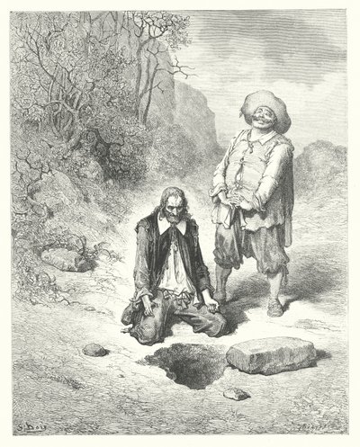 La Fontainen sadut: Fontaine: Aarteensa menettänyt kurja (kaiverrus). tekijältä Gustave Dore