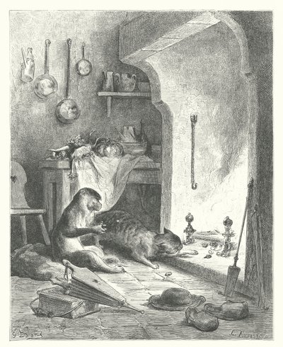 La Fontainen sadut: Fontaine: Apina ja kissa (kaiverrus). tekijältä Gustave Dore