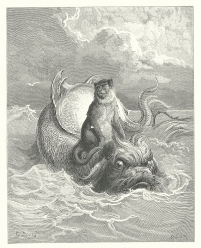 La Fontainen sadut: Fontaine: Apina ja delfiini (kaiverrus). tekijältä Gustave Dore