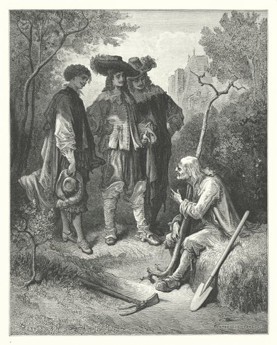 La Fontainen sadut: Fontaine: Vanhus ja kolme nuorta miestä (kaiverrus). tekijältä Gustave Dore