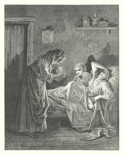La Fontainen sadut: Fontaine: Vanha nainen ja hänen palvelijansa (kaiverrus). tekijältä Gustave Dore