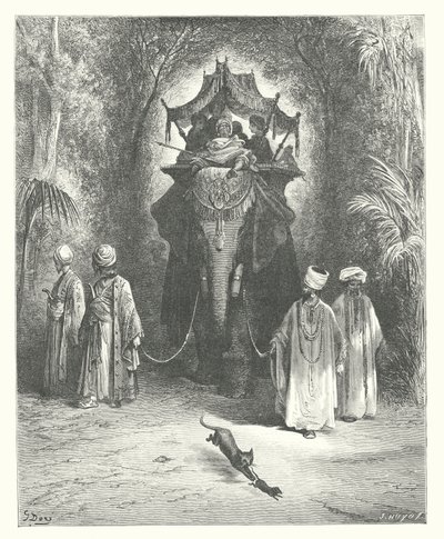 La Fontainen sadut: Fontaine: Rotta ja norsu (kaiverrus). tekijältä Gustave Dore