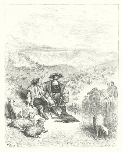 La Fontainen sadut: Fontaine: Paimen ja kuningas (kaiverrus). tekijältä Gustave Dore
