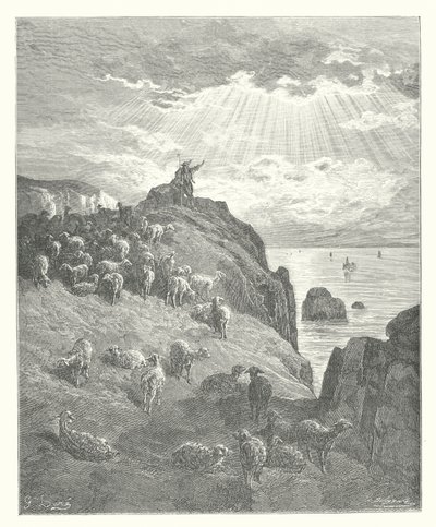 La Fontainen sadut: Fontaine: Paimen ja meri (kaiverrus). tekijältä Gustave Dore