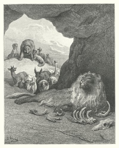 La Fontainen sadut: Fontaine: Sairas leijona ja kettu (kaiverrus). tekijältä Gustave Dore